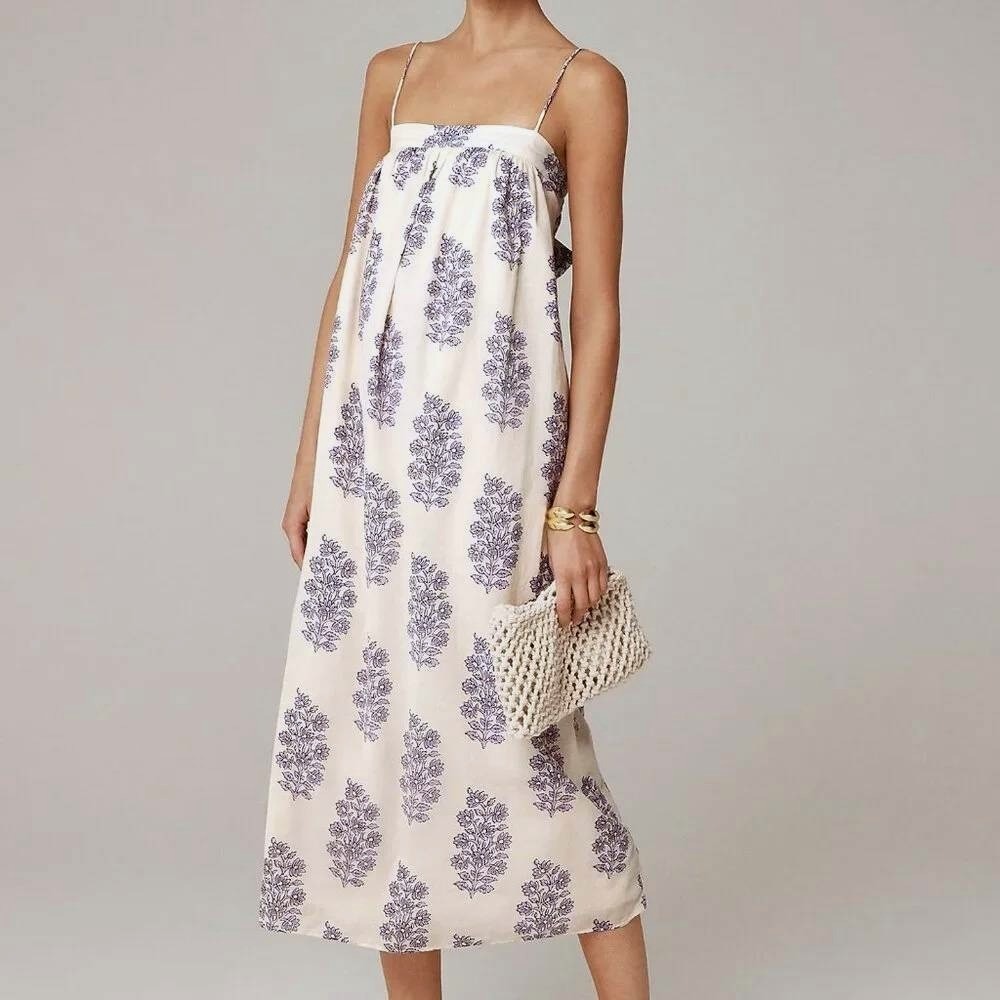 J Crew Floaty Block Print Midi Dress Sz XS Floral Gauzy Boho